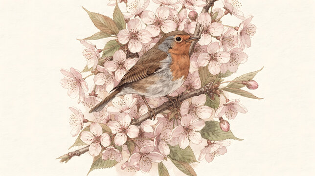 Robin Drawing on Cherry Blossom Branch with Soft Pink Spring Flowers