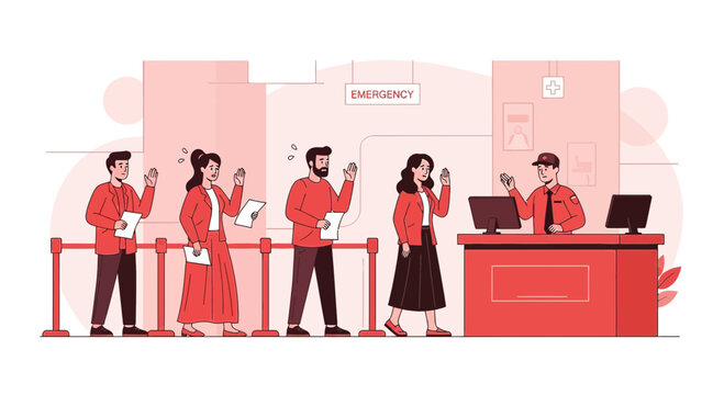 People waiting in queue at hospital emergency reception desk