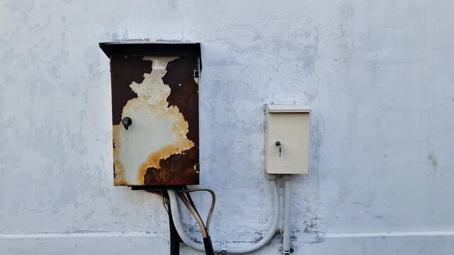 Old Heavily Rusted Electrical Box with Peeling Paint Next to a Modern Meter on a Textured White Wall