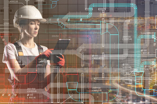 Engineering design, female technician reviews HVAC blueprint on tablet for building ventilation and industrial systems planning.