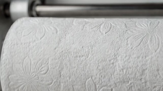 Closeup medium shot of floral embossed paper towels with intricate petal patterns emerging from detailed embossing rollers highlighting texture and softness.