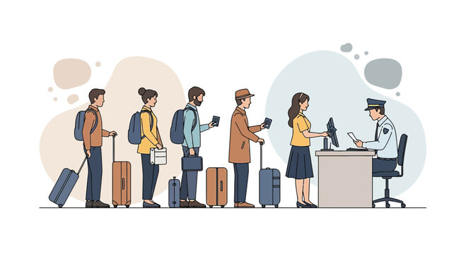People queuing at airport border control, passport check, travel security, luggage