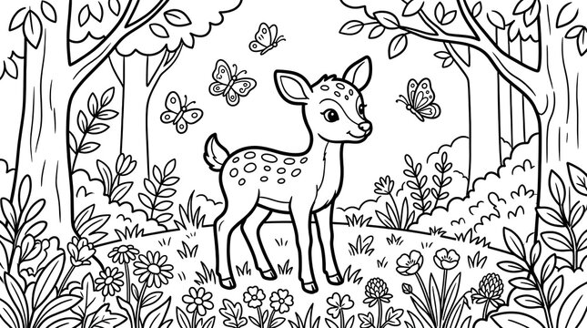 Cute baby deer standing in a forest with butterflies and flowers coloring page.