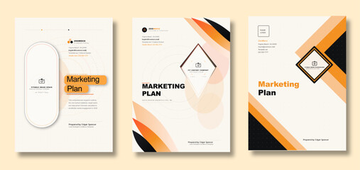 Marketing plan brochures in modern geometric orange and black design on white background for business presentation © Any