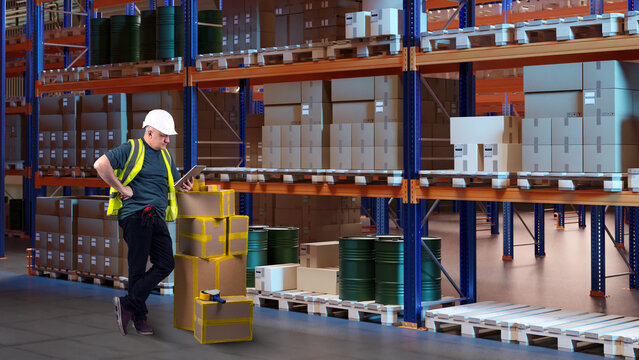 Warehouse logistics, worker checks inventory on tablet among stacked boxes and pallets, managing storage and distribution operations