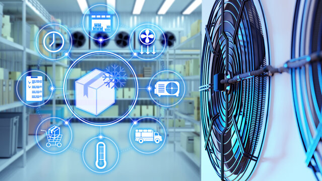 Cold chain logistics, refrigeration fans control warehouse temperature for frozen goods storage, delivery monitoring and climate automation