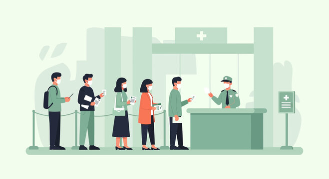 People queue with masks at hospital reception, healthcare concept