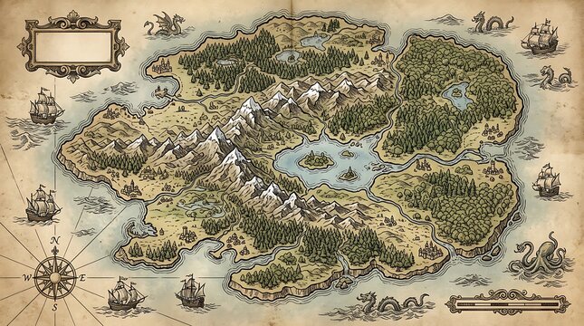 Vintage hand drawn fantasy map of an island with sea monsters