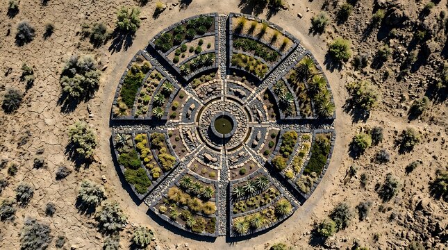 Aerial view of a circular desert botanical garden with radial paths