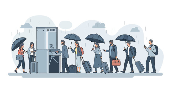 People queuing in rain with umbrellas and luggage at airport security