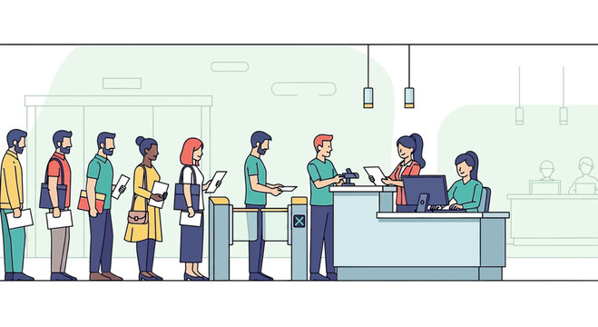 People Queueing at Service Desk and Turnstile - Customer Service Illustration