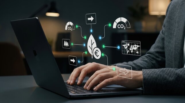 Businessman actively managing a digital platform for carbon footprint reduction and green finance strategy, sustainability technology, environmental governance, ESG modern technology business concept