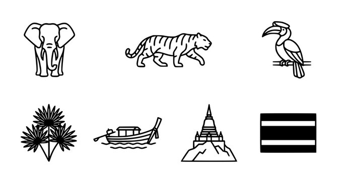 Thailand Landmark Wildlife and Cultural Symbol Icon Set in Outline Style