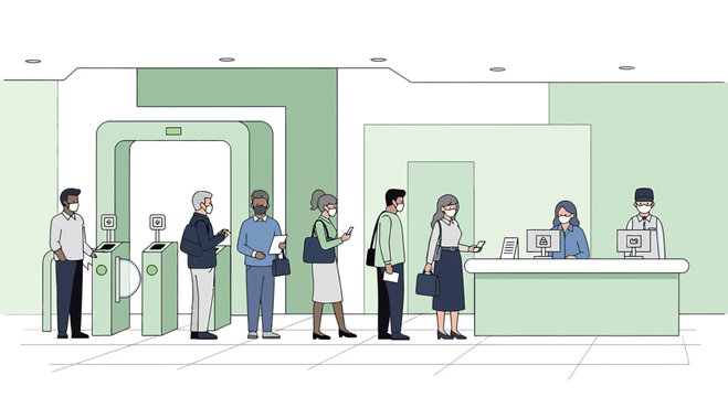 People queueing in modern reception with social distancing and masks