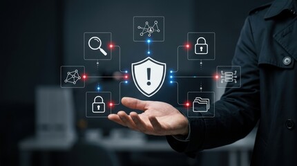 Fototapeta premium Businessman gesturing toward glowing digital security interface with shield icon and warning alert for data protection, cybersecurity concept, information technology modern technology business concept