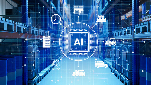 Warehouse automation, Artificial intelligence manages logistics processes and inventory control inside a modern storage facility.