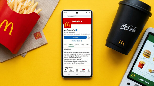 Smartphone displaying the McDonald's brand profile on LinkedIn alongside a McCaf&eacute; coffee cup, French fries, and a digital ordering kiosk menu on a tablet screen over a flat lay yellow background.