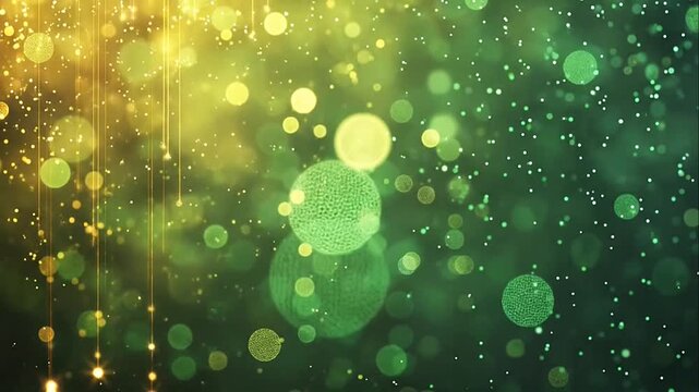Abstract background featuring glowing green and gold bokeh lights with shimmering particles and hanging trails