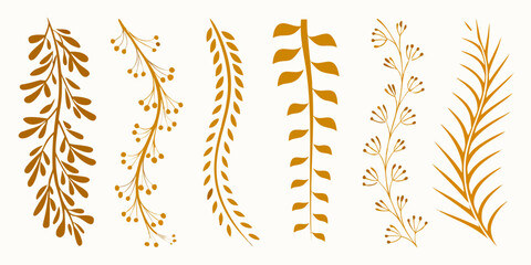 Golden botanical elements stylized leaf and berry branches vector illustration © Ratan