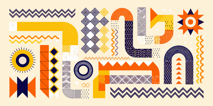 Geometric Memphis pattern with bold shapes and retro color scheme