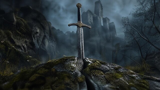 A medieval longsword thrust into a crack in mossy stone.