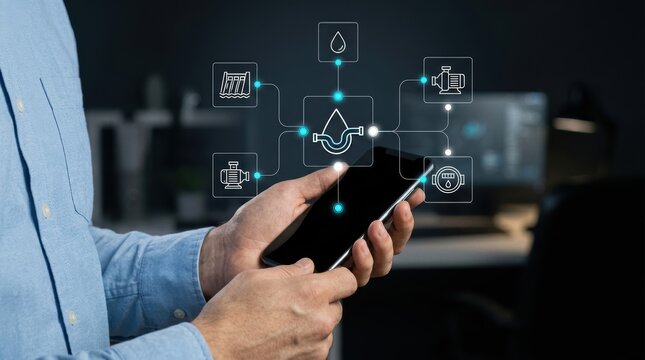 Businessman holding smartphone displaying holographic water utility management interface for monitoring industrial pipe systems and resources, digital innovation modern technology business concept