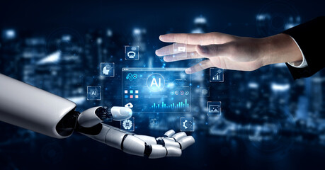 Fototapeta premium An advanced AI assistant demonstrates its own generative platform. The interface shows how this smart technology can create various forms of digital content and automate tasks. Fermion