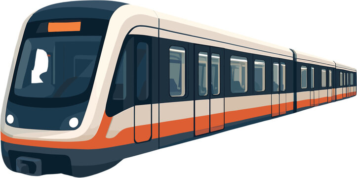 A modern, sleek, white and orange subway train with dark tinted windows, seen from a side profile.