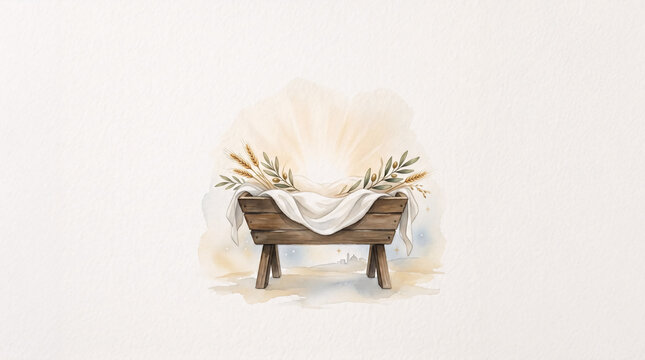 Minimal empty manger with wheat and heavenly rays watercolor