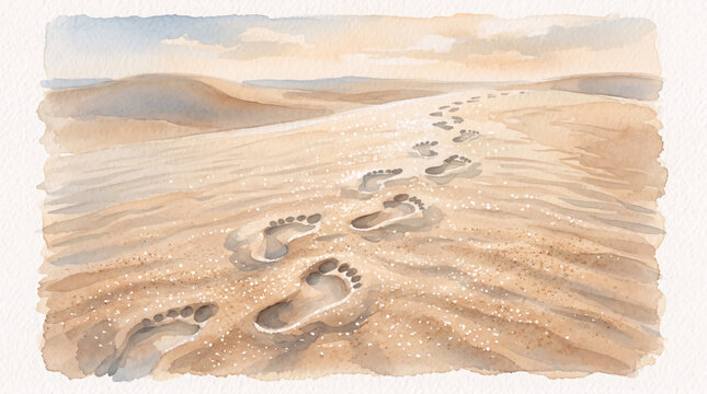 Deep footprints leading across desert biblical watercolor closeup