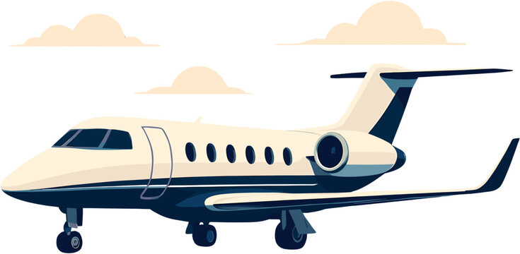 A sleek, modern private jet with a dark blue stripe along its fuselage, parked on a landing gear with clouds in the background.