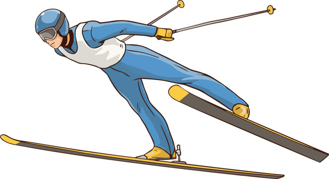Skier in blue and white suit skiing down a slope with ski poles