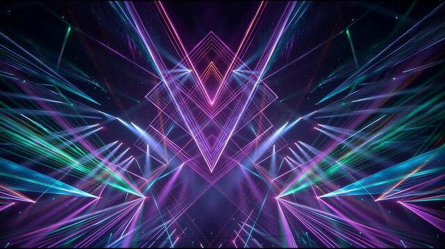 Vibrant laser light show with geometric patterns and beams in purple and green