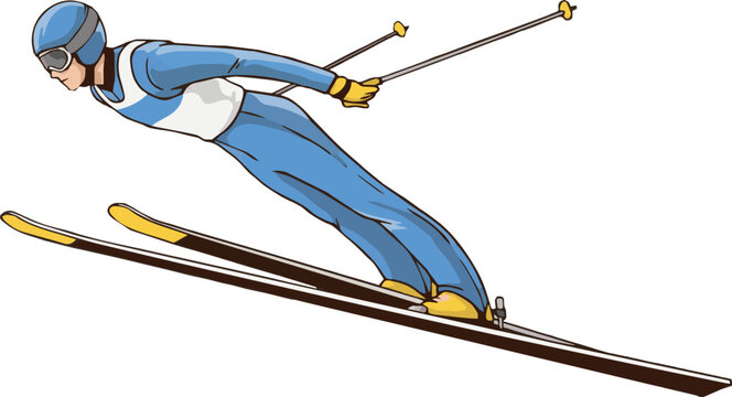 skier in blue suit and yellow gloves skiing down a slope with ski poles