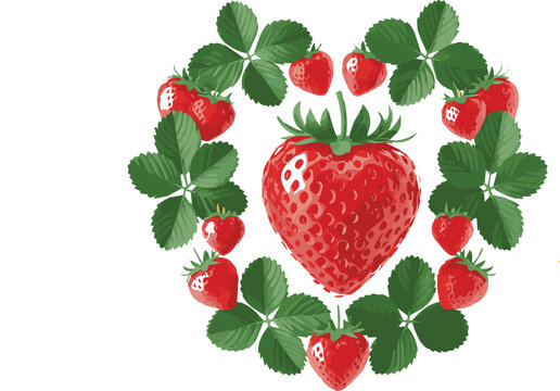 strawberries and leaves arranged in a circular pattern isolated on white background