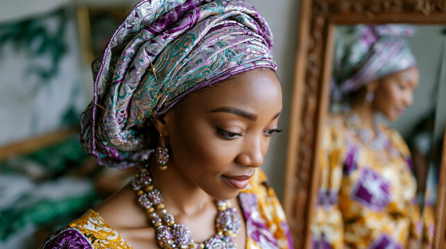 Young Yoruba woman styling elaborate gele headwrap before entering formal Lagos cultural gala, intricate brocade fabric pinned and folded with ancestral precision, full-length mirror reflecting bead