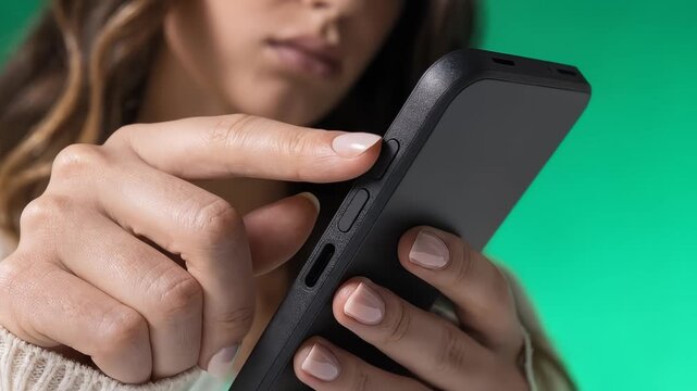 Closeup of a young womans hands pressing the volume button on a black smartphone in front of a bright green background.