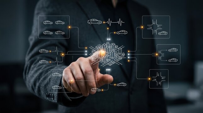 Businessman interacting with a virtual smart city interface for autonomous vehicle fleet management and urban logistics control, smart city technology, IoT, data modern technology business concept
