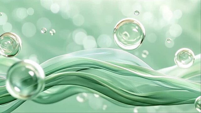 Abstract mint green flowing waves with transparent liquid bubbles and soft bokeh background
