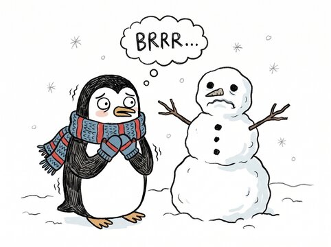 Cartoon penguin shivering in the cold next to a sad snowman