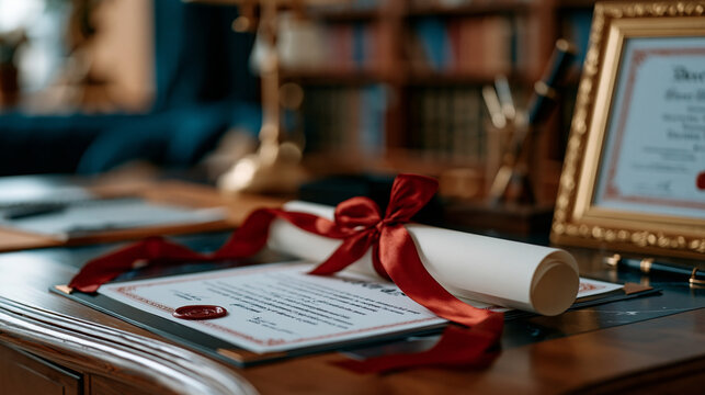 Certificate design minimal layout partially rolled and tied with a ribbon lying on a dark wood table inside a luxury academic interior, beside a framed degree and a pen set, soft focus bookshelf bac