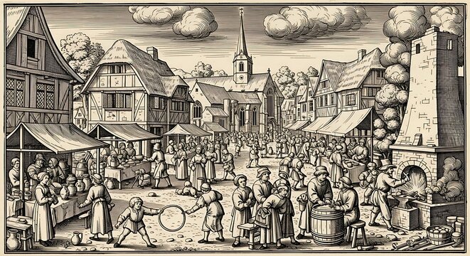 Busy medieval market square in old town with merchants and villagers