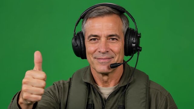 Middle aged pilot in flight jacket and headphones gives thumbs up approval gesture, pilot life, aviation career