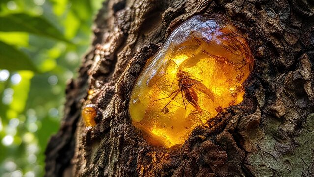 Golden amber copal resin trapped in tree bark containing a preserved insect.