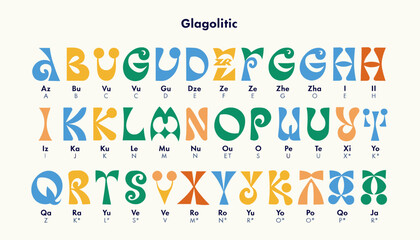 A visually striking and artistic representation of the Glogolitic alphabet, showcasing unique, stylized letterforms in vibrant colors. © yanto