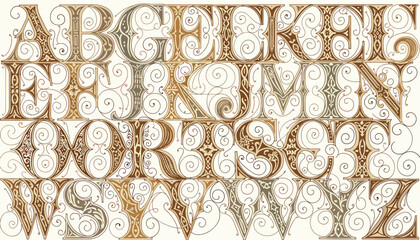 An ornate and decorative alphabet featuring elaborate scrollwork and intricate patterns in a vintage style. © yanto