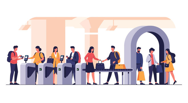 People at subway station, using ticketing machines and turnstiles, commuting