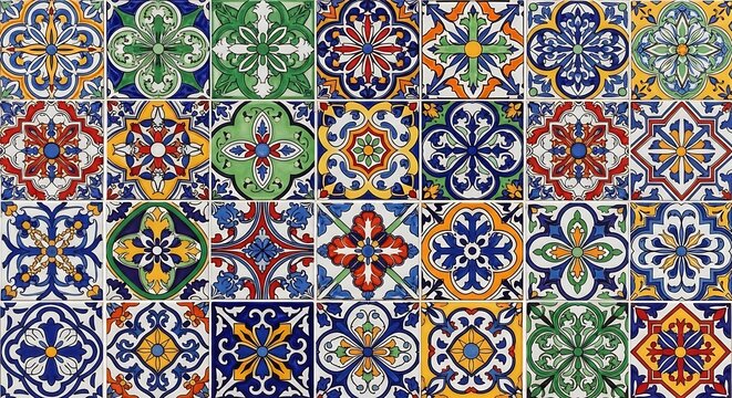 Colorful traditional ceramic tiles in a decorative grid pattern