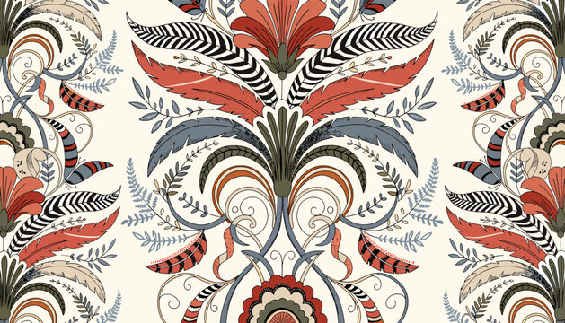 Intricate floral and foliate pattern with a symmetrical design in warm earthy tones and cool blues.