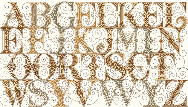 An ornate and decorative alphabet featuring elaborate scrollwork and intricate patterns in a vintage style.